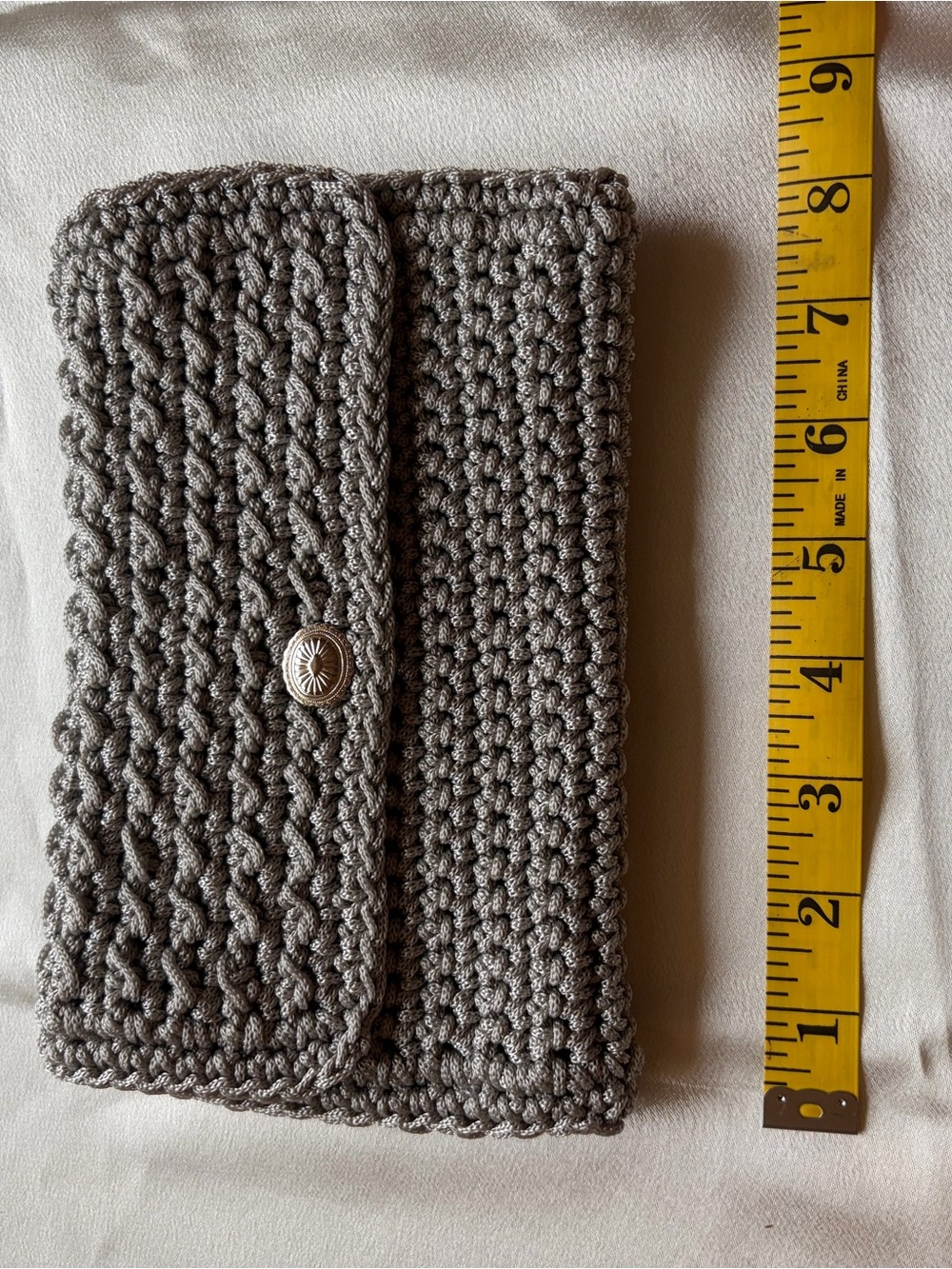 Handmade Gray Crochet Clutch Wallet with Button Closure